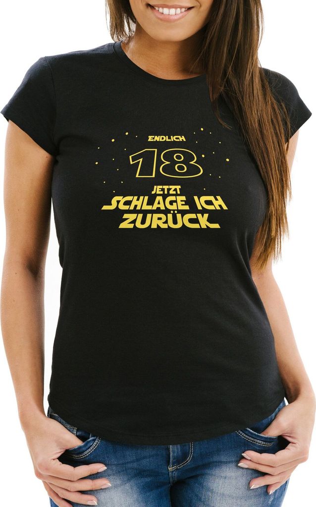 Damen T- Shirt zum 18. Geburtstag Geschenk für Frauen Filmzitate Sternenkrieg MoonWorks schlage ich zurück schwarz XS