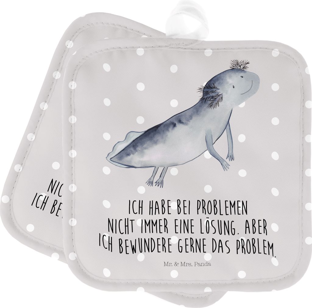 Mr. & Mrs. Panda 2er Set Topflappen Axolotl Schwimmen - Grau Pastell - Geschenk, Freude, Doppel, Optimistisch, Topflappenset, Problem, topfhalter, ...