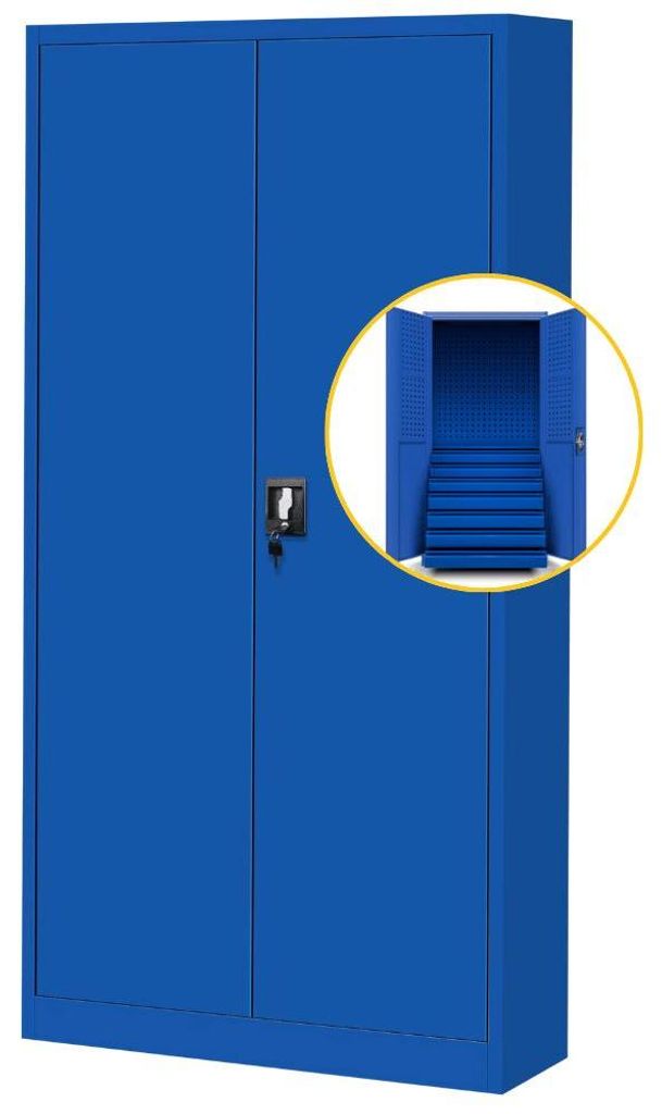 Werkzeugschrank mit Schubladen DAREK inkl. Lochwand | Metallschrank mit Werkzeugwand Werkstattschrank Perforierte Rückwand 185x92x50cm Blau
