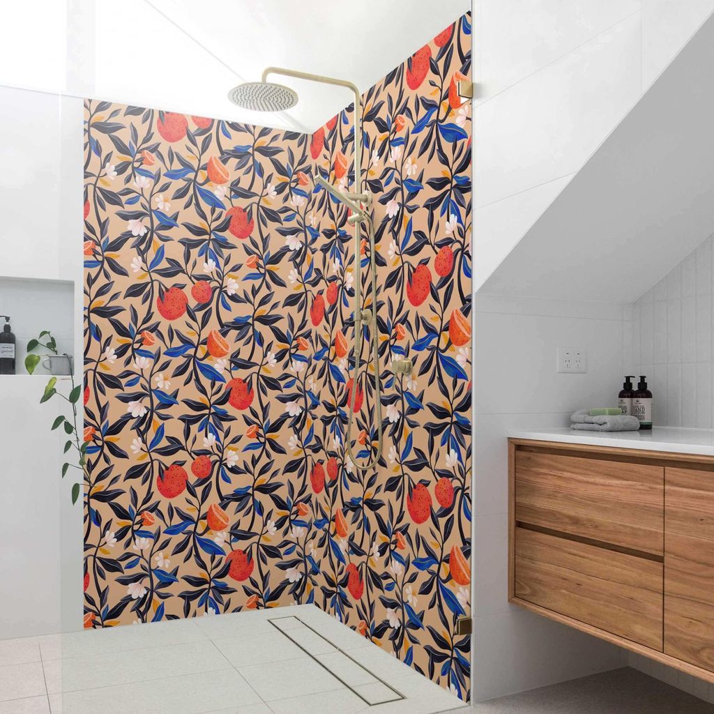 Duschrückwand Blumen selbstklebend - 0.35 mm Wandpaneel wasserfest Ranke beige Tropisch Badrückwand fugenlos Smart matt 90x190 cm