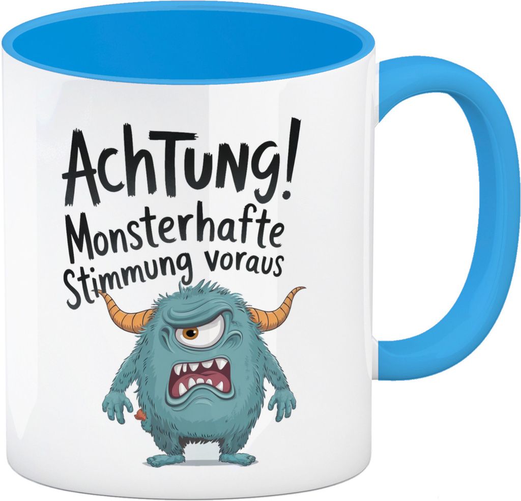 Blaues Cartoon Monster Achtung Monsterstimmung Kaffeebecher in hellblau