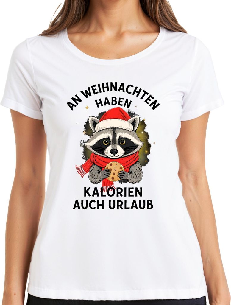 Weihnachten Kalorien haben Urlaub Waschbär Keks lustig Geschenk Damen T-Shirt, Weiß, XXL