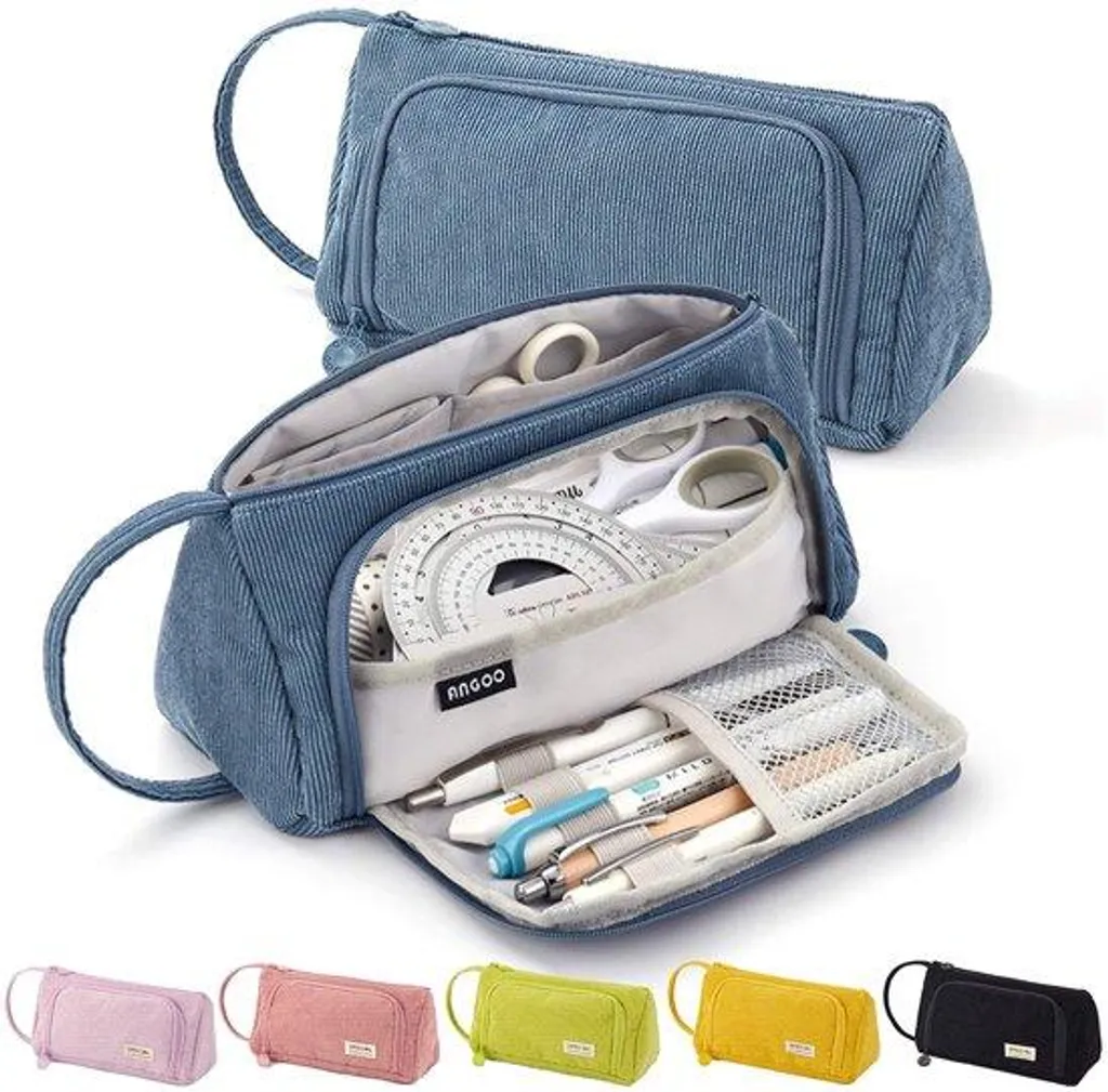 Trousse d'école bleue avec 3 zips de rangement et grande capacité