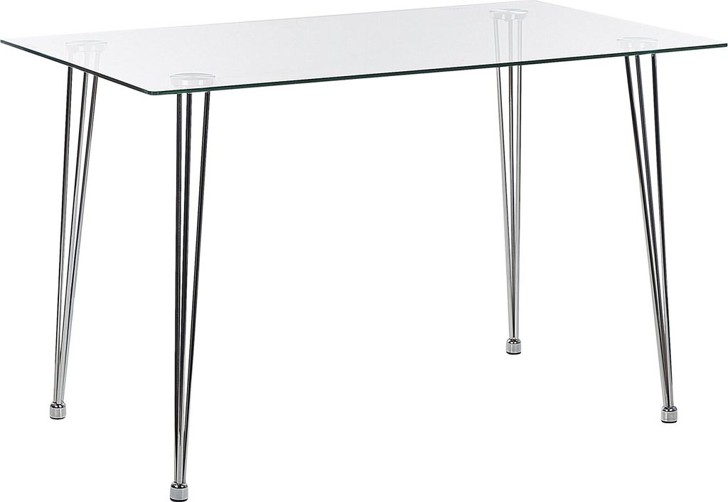 A rectangular glass-top dining table with silver hairpin legs is shown against a white background.