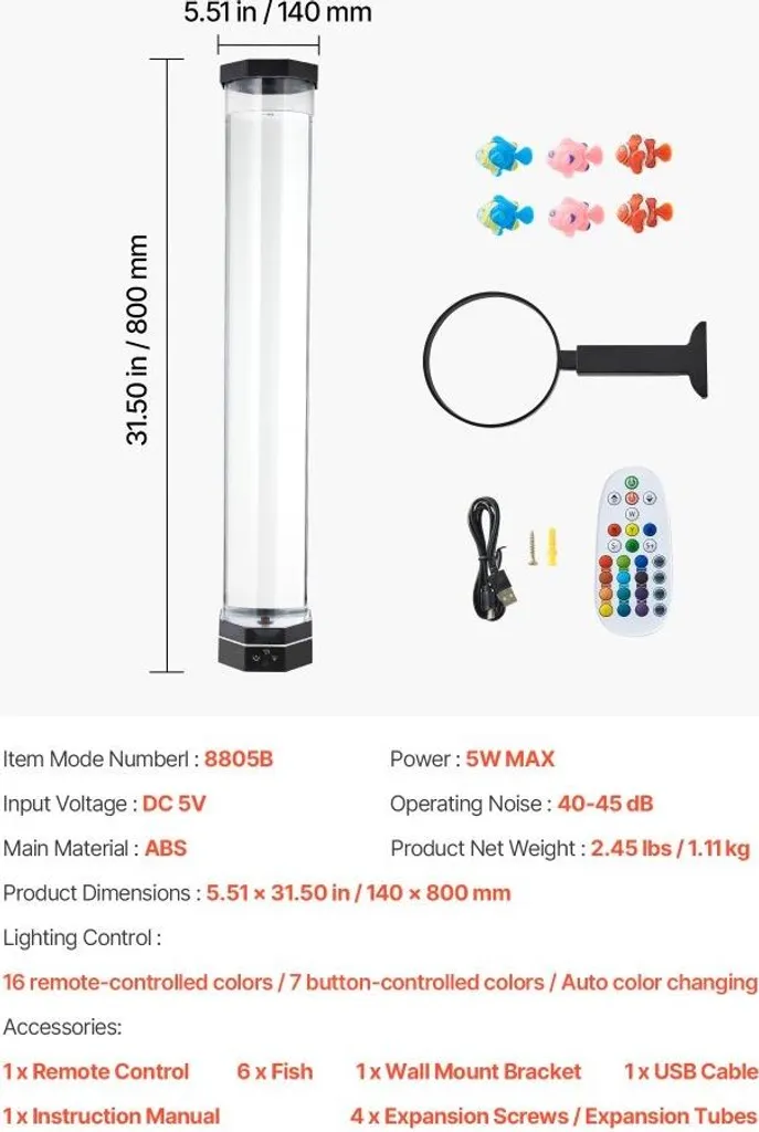 Lampada Lavica 80cm Effetto Acquario | 16 Colori LED e Pesci Tropicali - 7