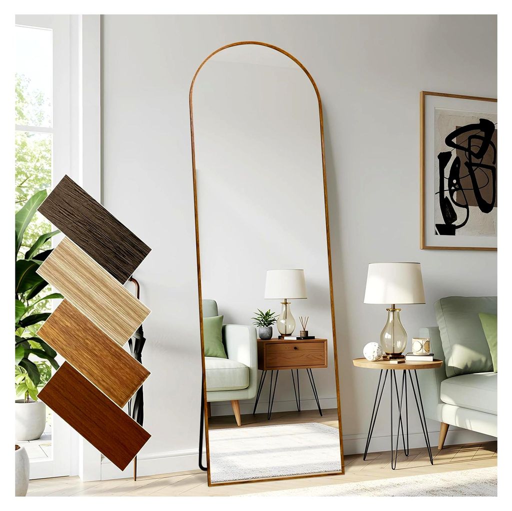 Bogen Ganzkörperspiegel 52 x 161 cm Gewölbter Standspiegel Aluminiumrahmen in klassischem Gelbbraun Holzlook zur Wandmontage oder als Lehnspiegel...