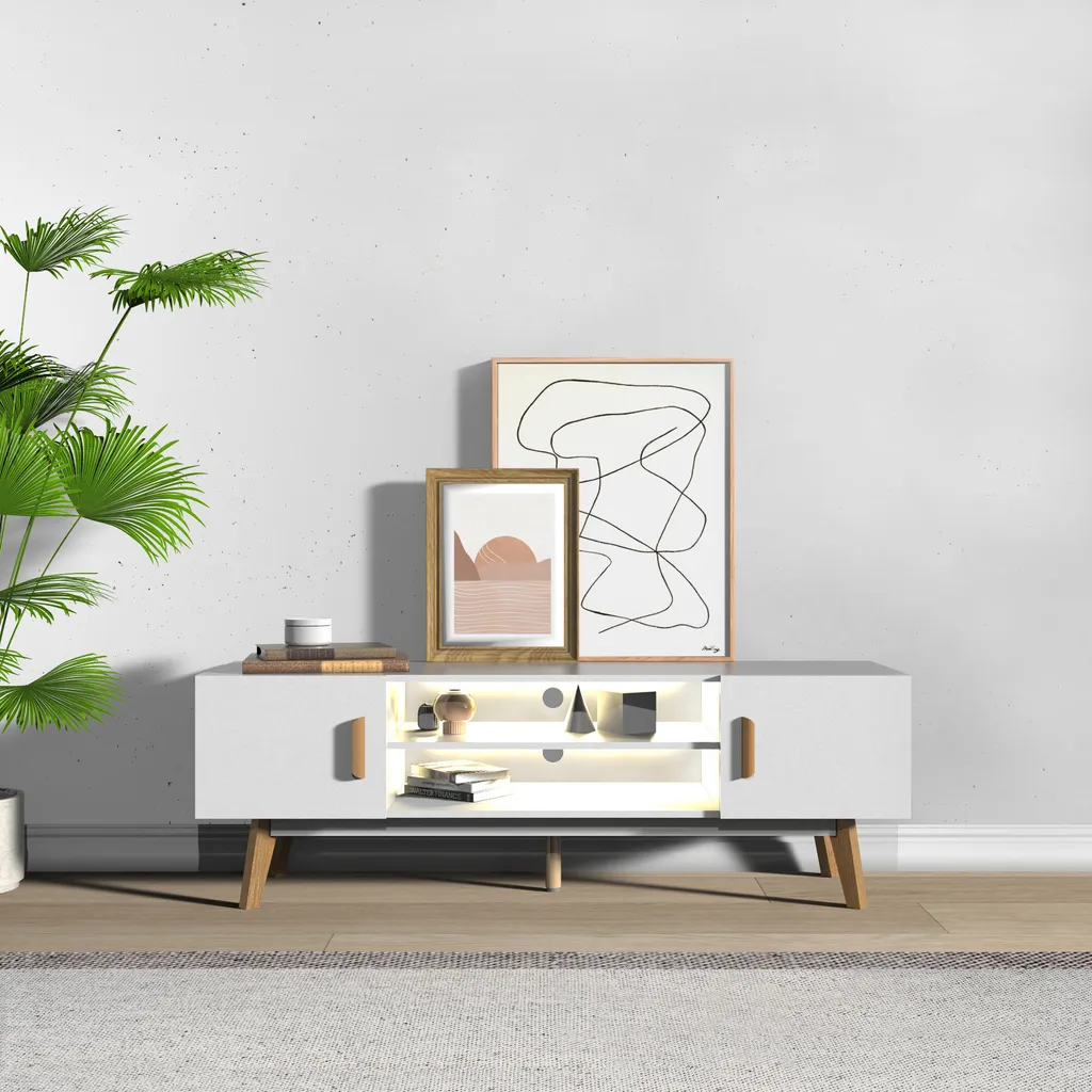 Meuble TV Lia Blanc 150cm - Fini le Désordre avec ce Lowboard LED Scandi