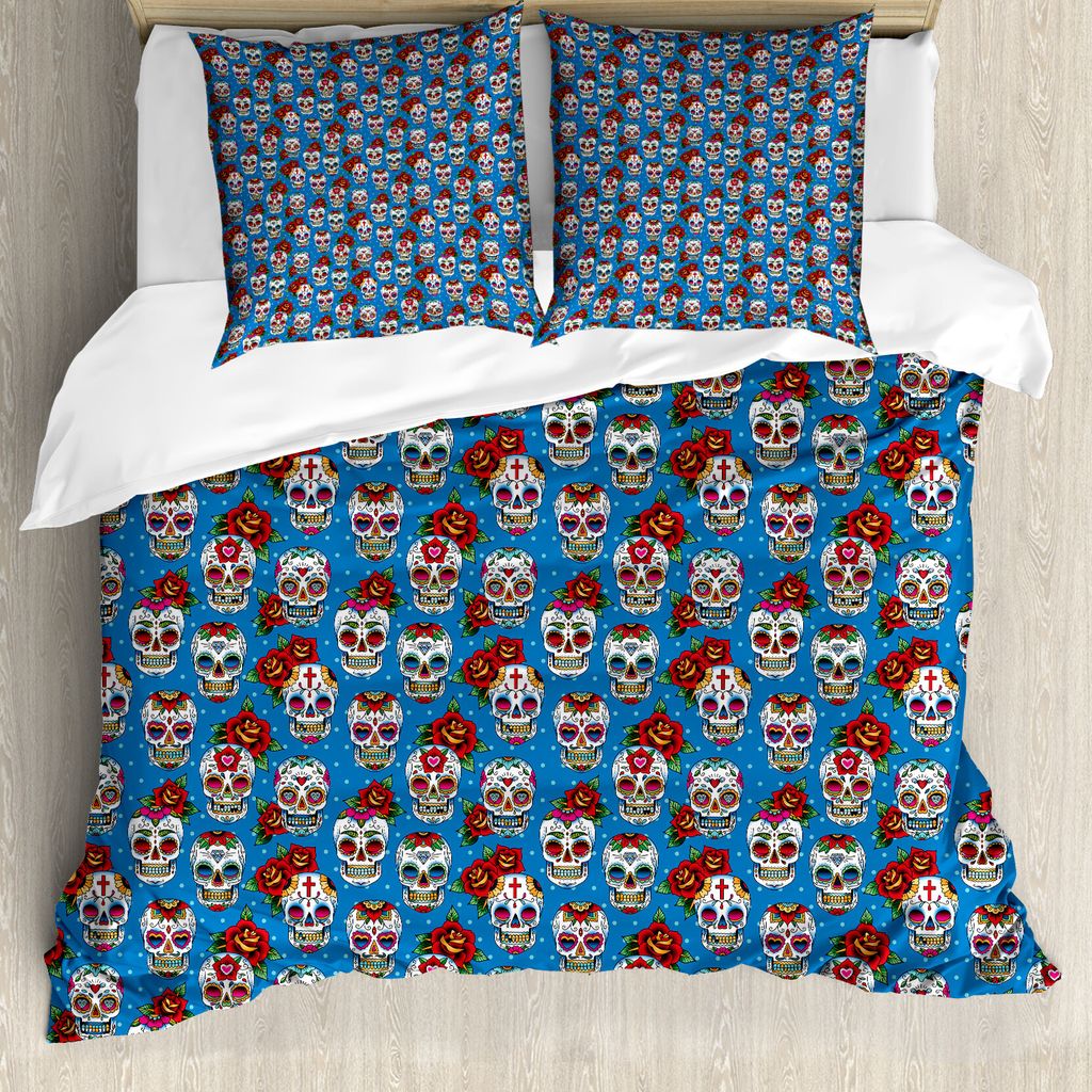 ABAKUHAUS Zuckerschädel Bettbezug, Floral Roses Schädel, Milbensicher Allergiker geeignet mit Kissenbezügen, 200 cm x 200 cm - 80 x 80 cm, Blau,...