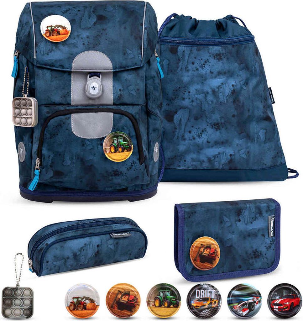 Belmil Motion ergonomisches Schulranzen Set 5-teilig "Blue Splash" aus recyceltem Material mit Brustgurt, Hüftgurt, Magnetverschluss, Patch Set 6 ...