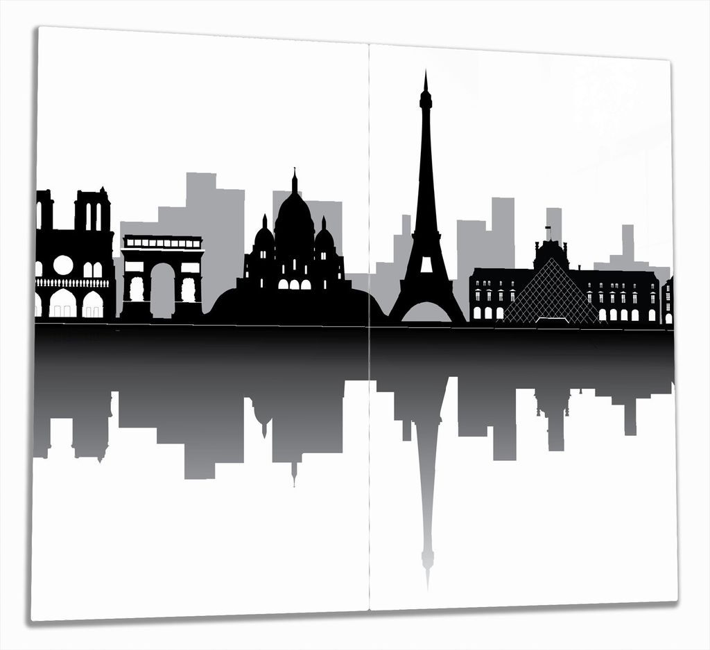 Wallario Herdabdeckplatte aus Glas, Größe 60 x 52 cm 2-teilig, Motiv Silhouetten Pariser Sehenswürdigkeiten