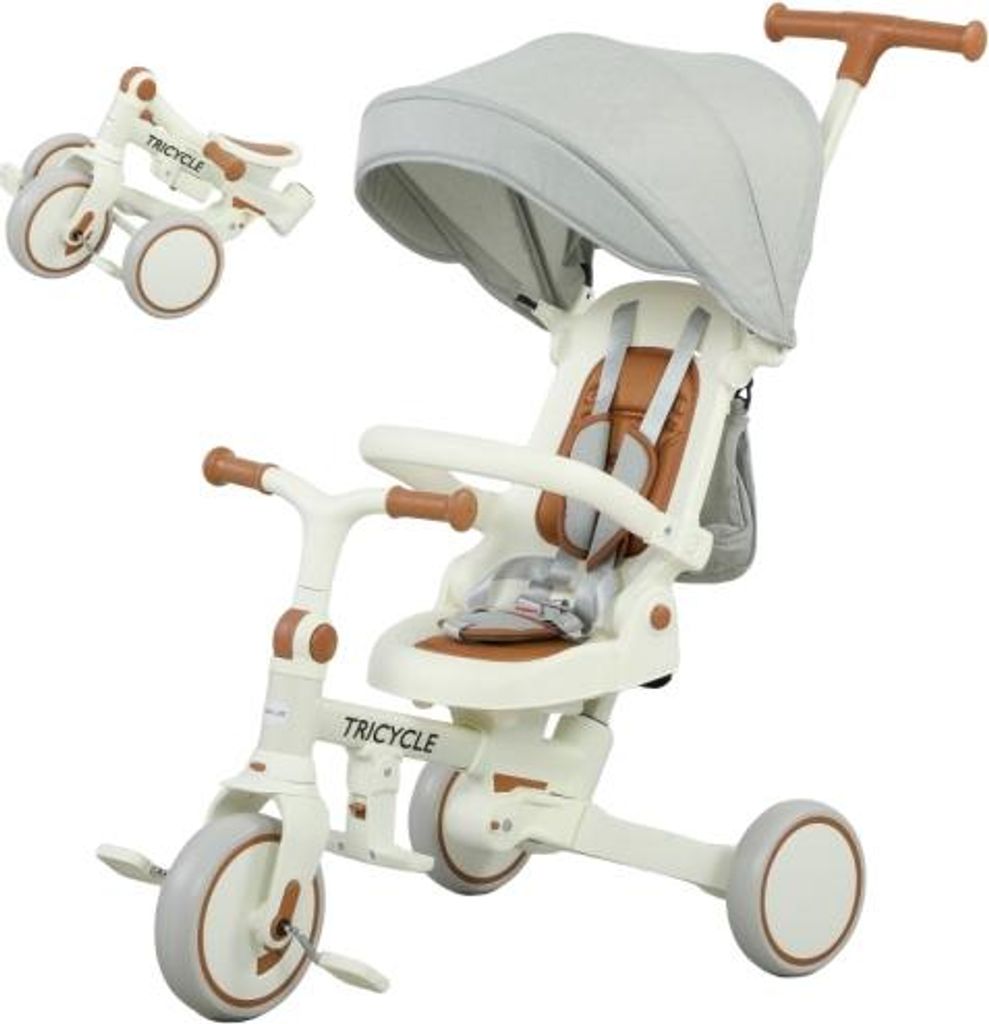 Wandelbarer Cremeweiss 96.5x49x101cm Kinder Dreirad Baby Buggy 5in1 Abnehmbarer Schiebegriff Verstellbar Sicherheitsgurt Aufbewahrungstasche 1-3 Jahre