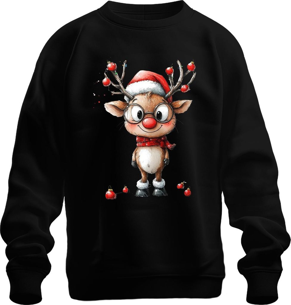 Lustiges Rentier Rudolf mit Brille rote Nase Weihnachten Geschenk Uni Sweatshirt Pullover, Schwarz, XXL