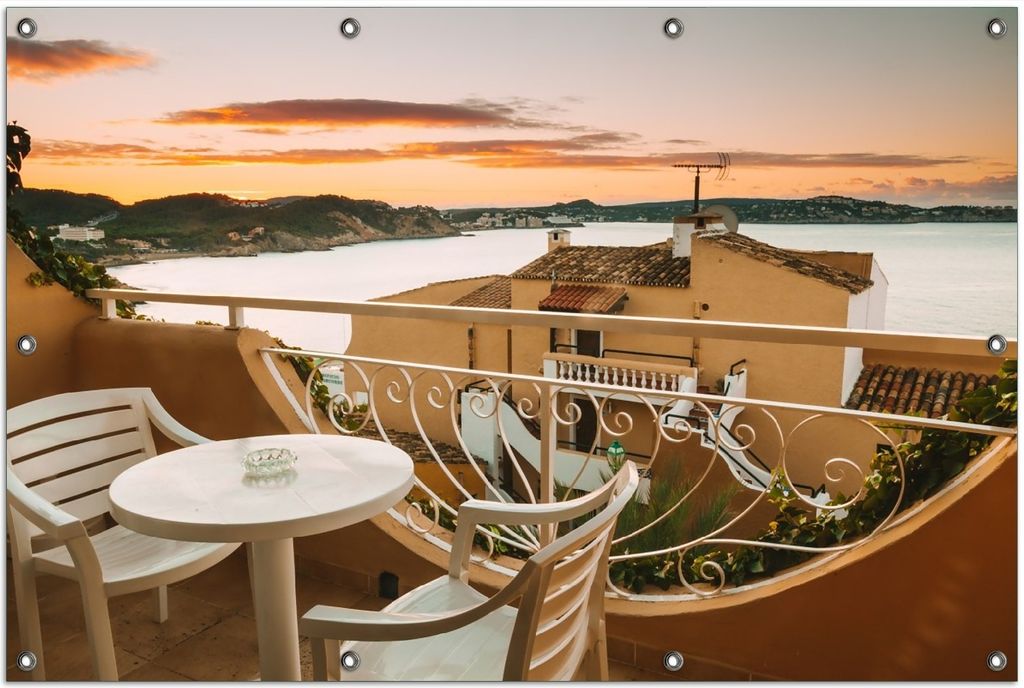 Wallario Outdoor-Poster für Garten oder Balkon, Motiv Sommer in Spanien - Ausblick von einer schönen Terrasse auf das Meer, in ca. 100 x 150 cm