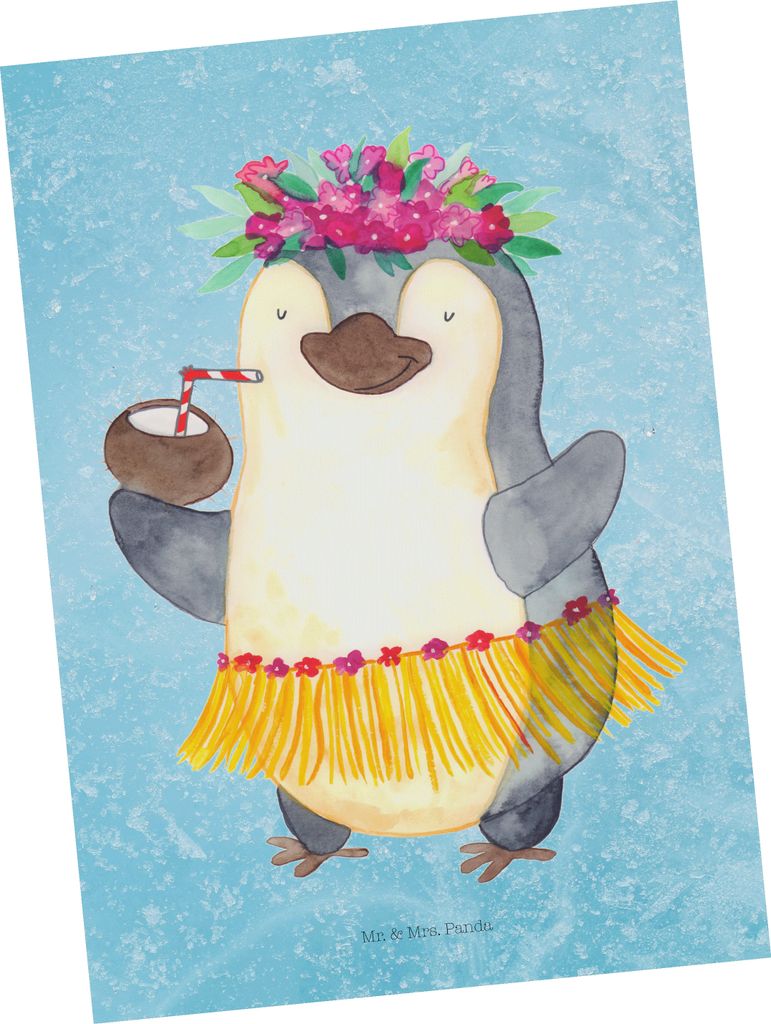 Mr. & Mrs. Panda Ansichtskarte Pinguin Kokosnuss - Eisblau - Geschenk, bildkarte, Postkarten, Kunstkarten, Postkarte, Tanzen, Urlaub, Grußkarte, F...