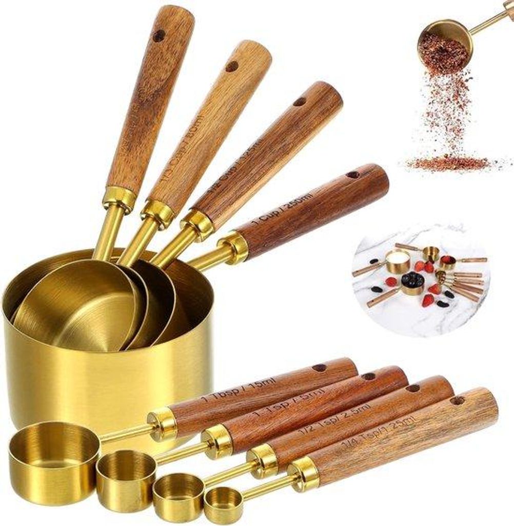8-teil-Sets aus Holzgriffen, amerikanische Maße, Maßlöffel für trockene und flüssige Zutaten zum Kochen und Backen, goldfarbene Maßlöffel au...