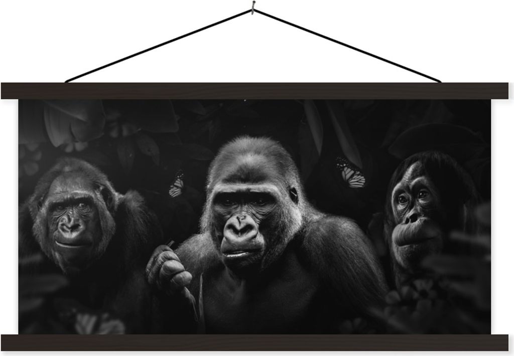 MuchoWow Textilposter Panorama mit Gorillas und Schmetterlingen im Dschungel - schwarz und weiß 120x60 cm mit schwarzem Rahmen - Dekoration Schl...