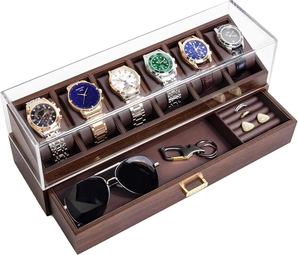 Organisateur de Montres pour Homme en Bois de Noyer, 6 Slots + Tiroir