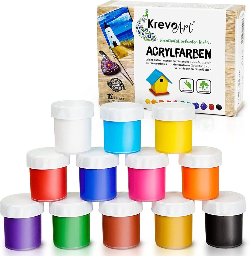 Krevo Art 12 x 20 ml Acrylfarben-Set, wasserfeste Kinder-Bastelfarben für Papier, Stein, Holz & mehr