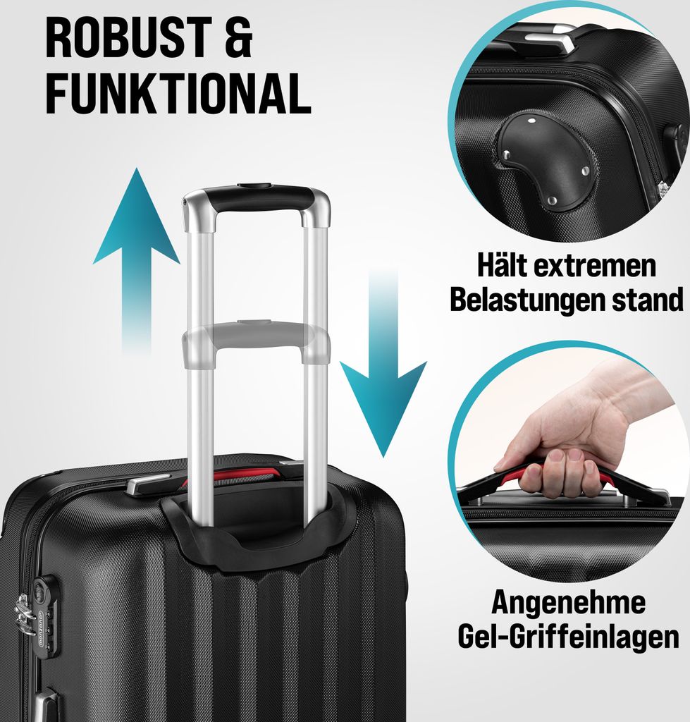 MONZANA 3tlg. Kofferset Schloss Wäsche Organizer Kofferwaage Gurt Gel-Griffe Zwillingsrollen Standfüße Trolley Reisekoffer Hartschalen Koffer ...
