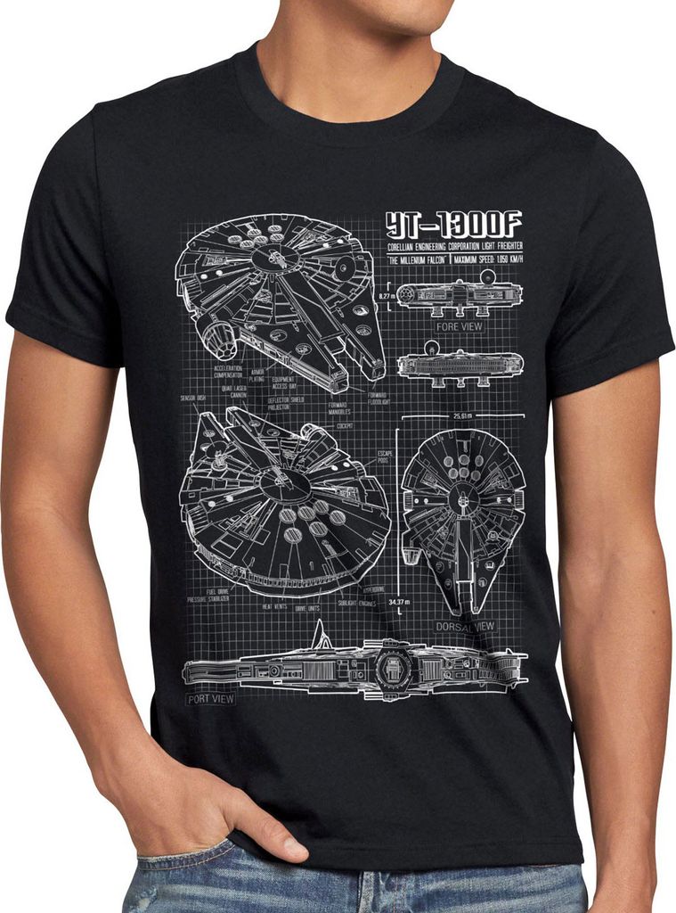 style3 Millennium Falcon Herren T-Shirt blaupause falkon, Größe:5XL, Farbe:Schwarz