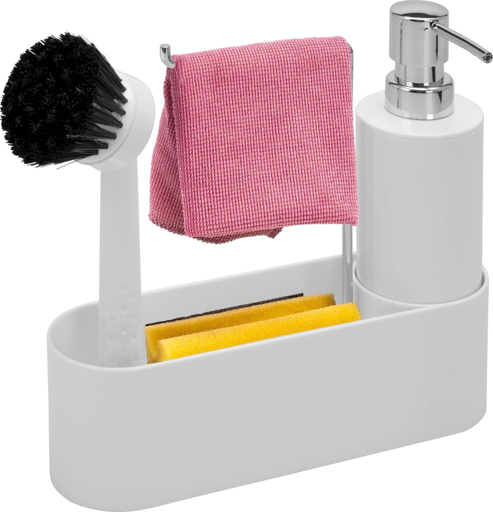 bremermann Spülbecken-Set // Spülutensilienhalter // inkl. Spender 350ml , Spülbürste und Tuchhalter, mit Ersatzbürstenkopf und Pumpe, weiß