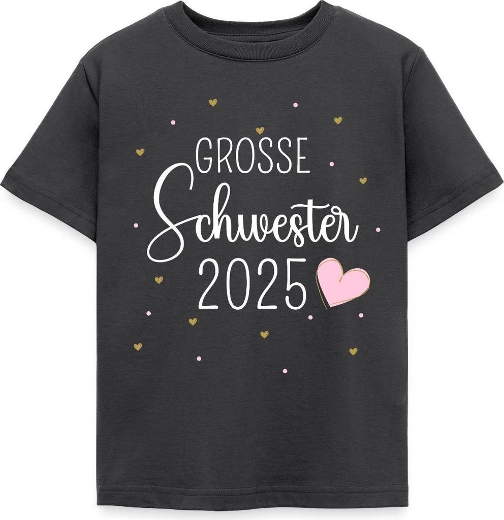 Spreadshirt Große Schwester 2025 Mit Herzchen Kinder T-Shirt, 98/104 (3-4 Jahre), Dunkelgrau