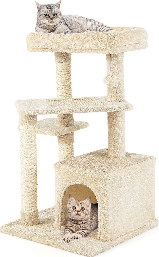 A beige cat tree with two cats on it, one on the top platform and one inside the lower cubby.