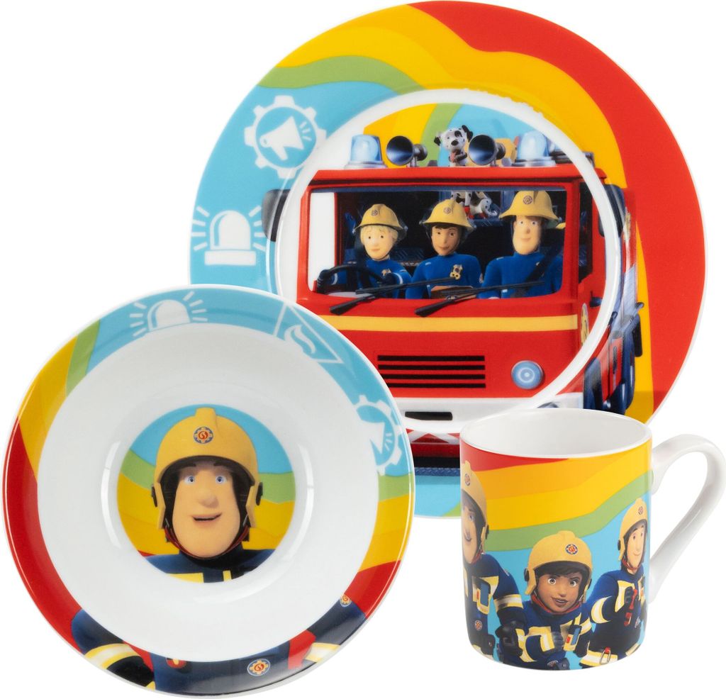 A three-piece children's dinnerware set featuring characters from the "Fireman Sam" animated series, including a plate, bowl, and mug, all displayed against a white background.