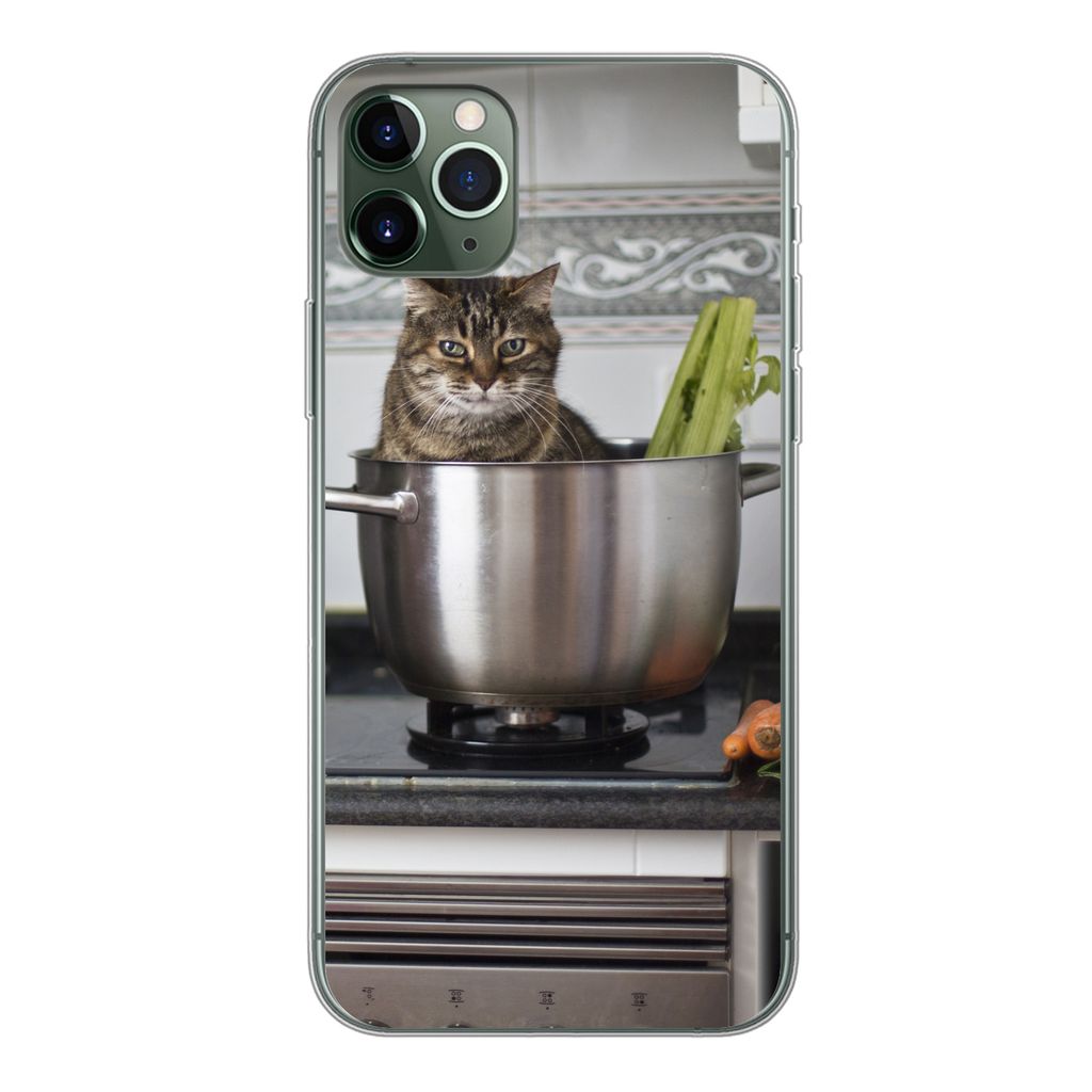 MuchoWow Handyhülle Schutzhülle Hülle für iPhone 11 Pro Max Katze - Pfanne - Küche Silikon Softcase Handy Hülle - Schutz