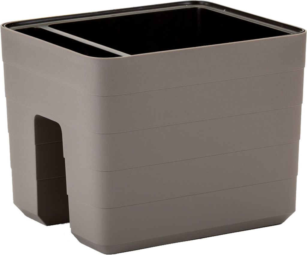 A gray planter box with a cut-out on the side, shown from a 3/4 angle.