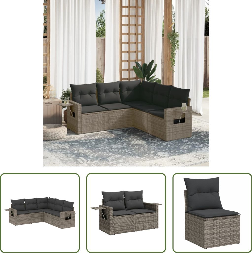The Living Store 5-tlg. Garten-Sofagarnitur mit Kissen Grau Poly Rattan