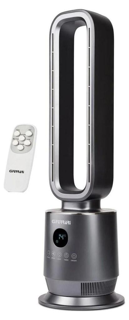 A modern tower fan with a remote control.