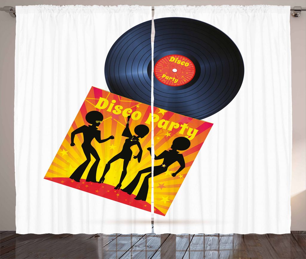 ABAKUHAUS Vinyl Rustikaler Vorhang, Plattencover Disco Party, Wohnzimmer Universalband Gardinen mit Schlaufen und Haken, 280 x 175 cm, Orange Gelb ...
