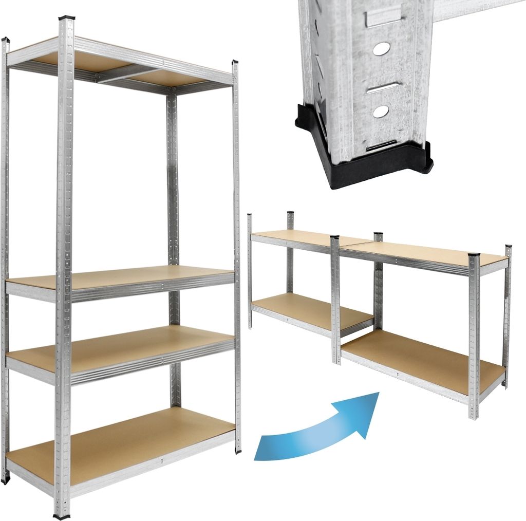 A set of metal shelving units with wooden shelves, shown from different angles, with a close-up of the corner and an arrow indicating assembly or configuration.