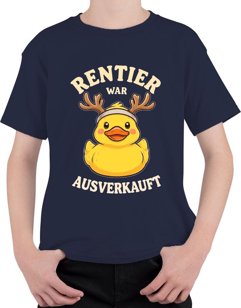 Rentier war t Weihnachten Gummiente Rentierhörner Uni Kinder T-Shirt, Navy, 140