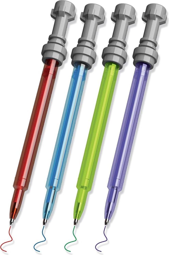 Four colorful pens with gray tops arranged diagonally against a white background.