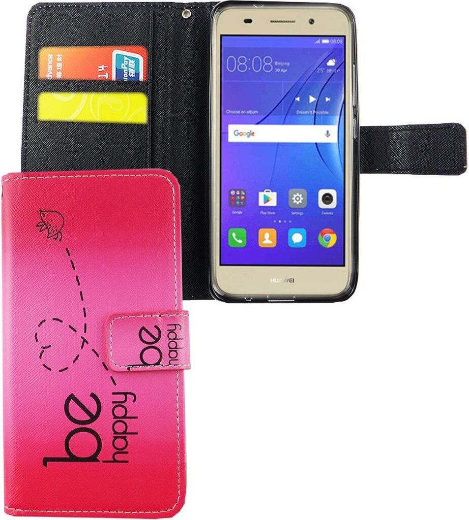 Handyhülle Tasche für Handy Huawei Y3 2017 Be Happy Pink