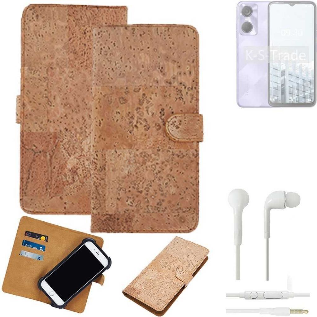 K-S-Trade Hülle kompatibel mit Tecno Pop 6 + in ear Kopfhörer Kork Handyhülle Cover Schutzhülle TPU Case Bumper in Hellbraun, (1x)