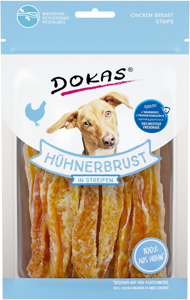 Dokas Hühnerbrust in Streifen, Snacks, Hund, Adult, Huhn, 70 g