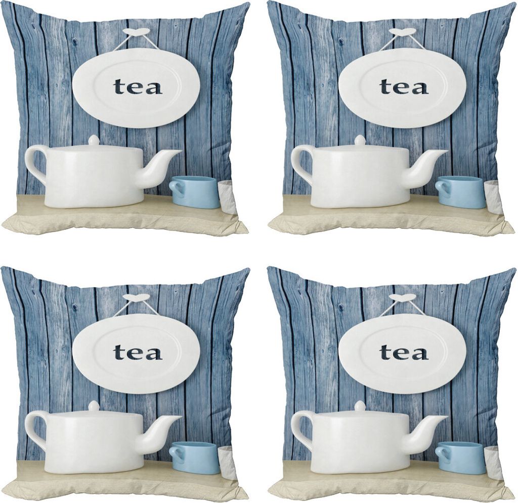 ABAKUHAUS Teezeit Kissenbezug Set (4 Stück), Land Cup und Pot-Platte, Moderner Doppelseitiger Digitaldruck, 60 cm x 60 cm, Blau und weiß