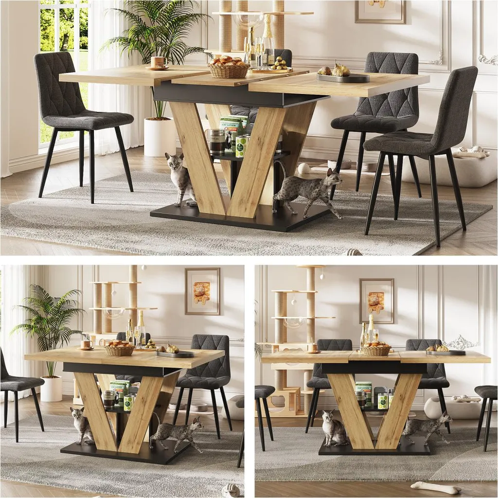 Table de cuisine extensible bois clair 140x80 cm pied en V contemporaine
