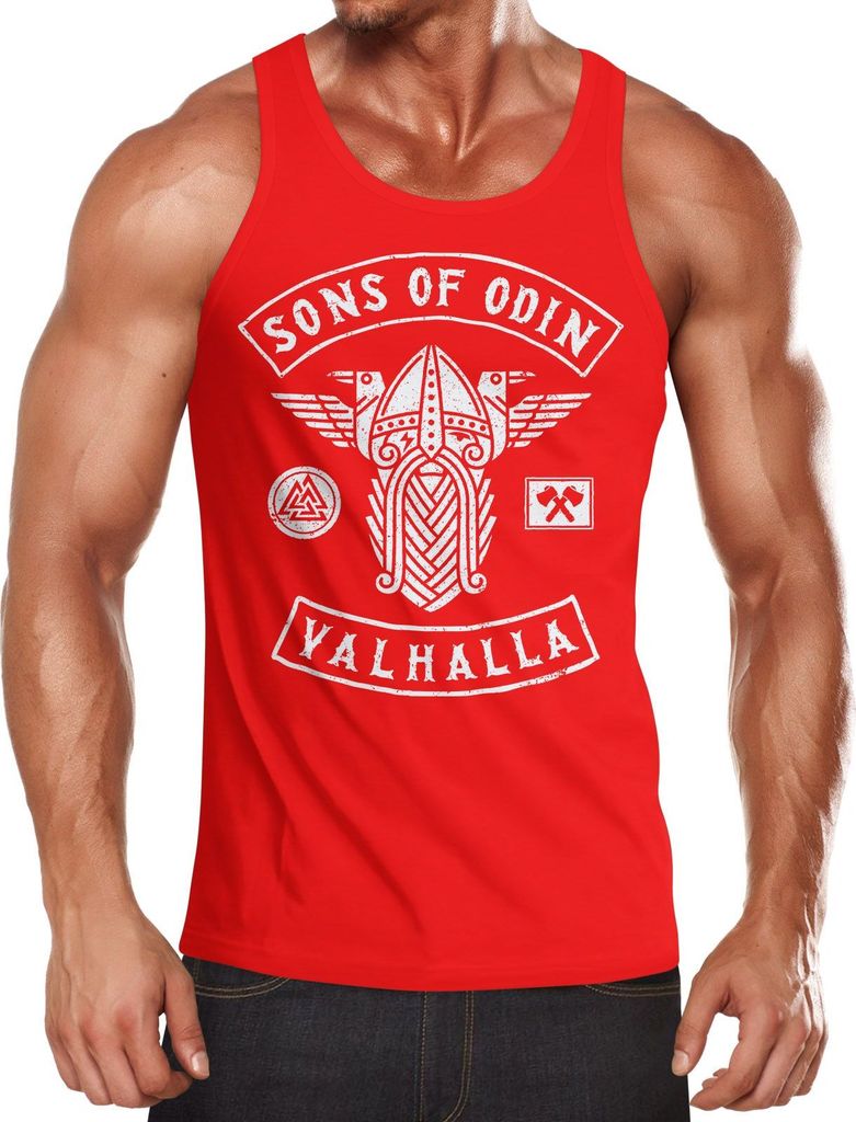 Herren Tanktop Sons of Odin Wikinger Valhalla Fan Vikings Achselshirt Muskelshirt Moonworks rot L