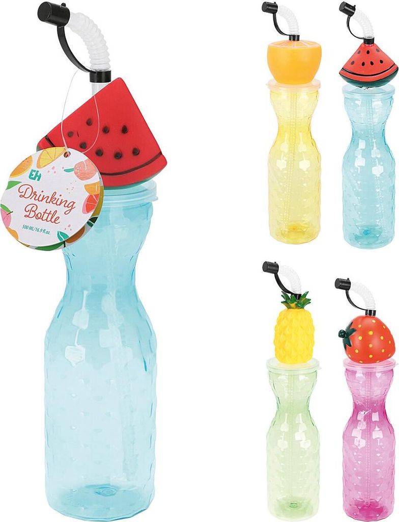 Trinkflasche mit Strohhalm 500ml mit Fruchtmotiv für Wasser, kalte Getränke, Drinks