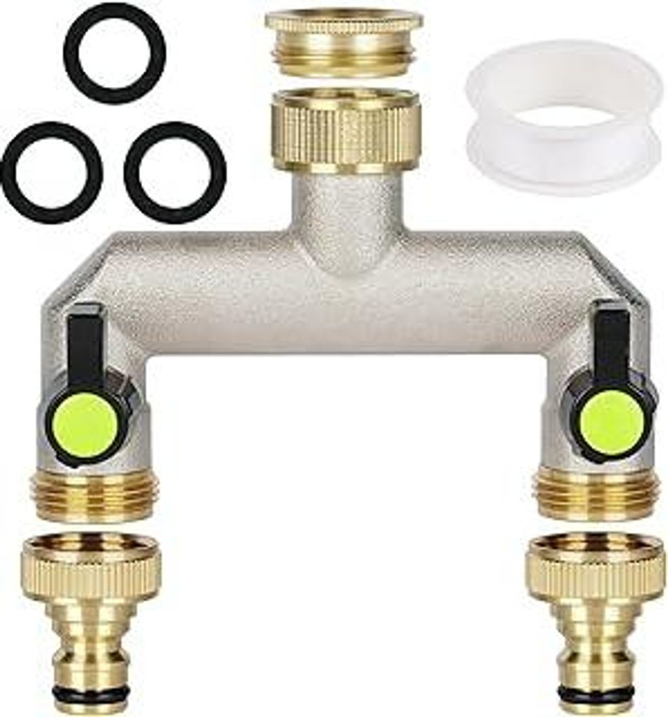 flintronic 2-Wege Wasserhahn Wasserverteiler, 2er verteiler 3/4 Adapter 1/2, mit 2 Verlängerungsgriffen, Messing Wasseranschluss Verteiler Gartens...