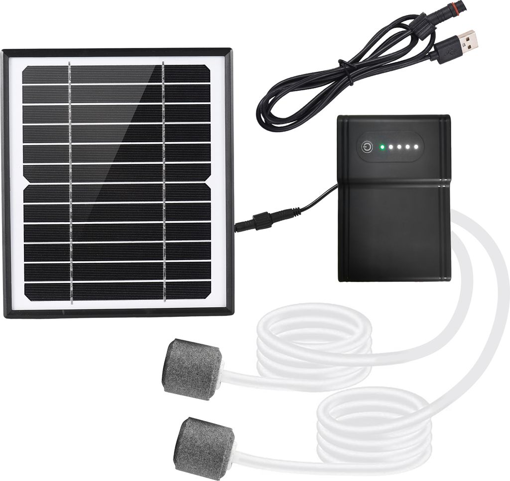5 W/6 V Solarbetriebenes Sauerstoff-Luftpumpen-Kit fuer Aquarien, Sauerstoffgenerator, Sauerstoffbeluefter, Solarluftpumpe, 2 Arbeitsmodi mit Solar...