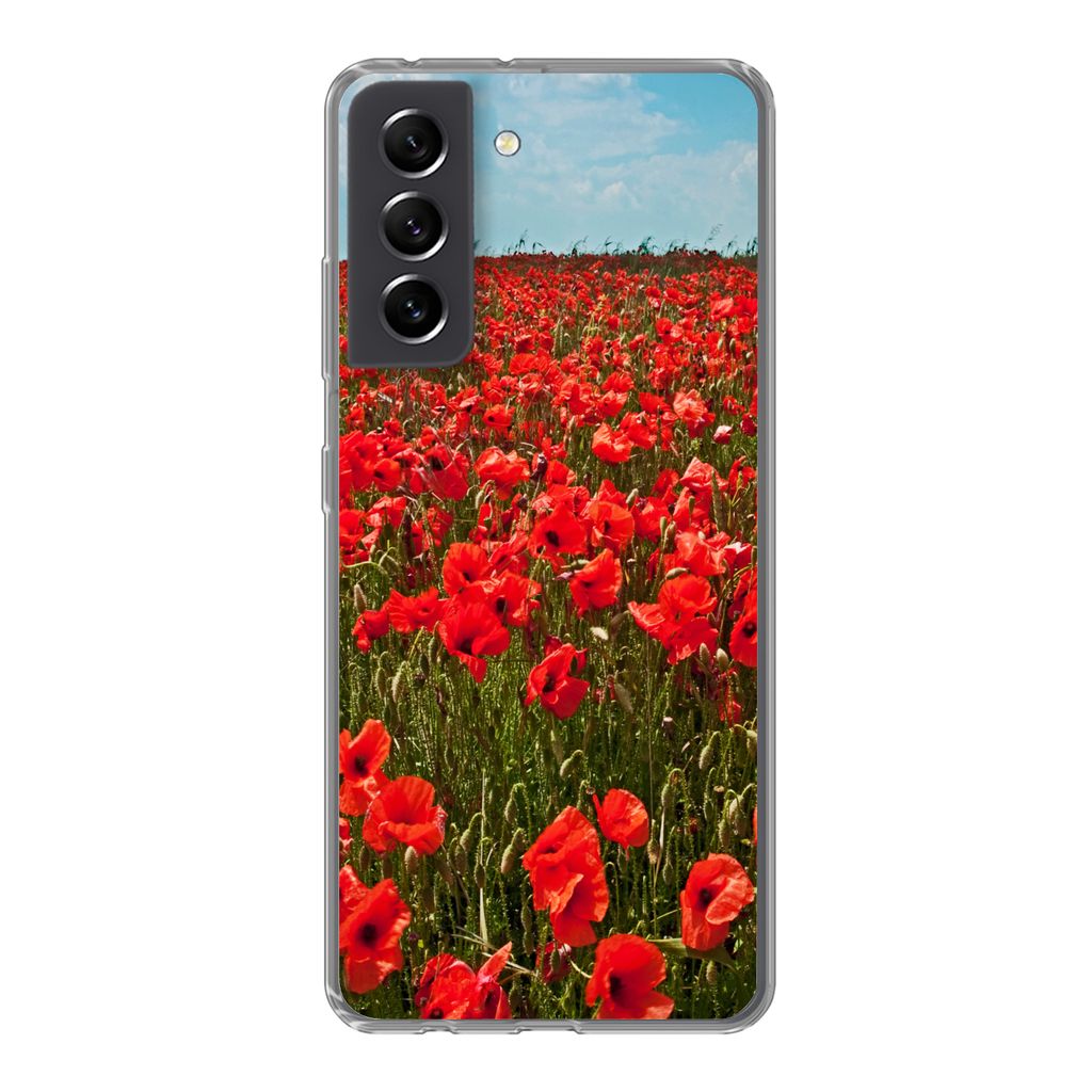 MuchoWow Handyhülle Schutzhülle Hülle für Samsung Galaxy S21 FE Eine Wiese voller Mohnblumen Silikon Softcase Handy Hülle - Mobiltelefonhülle