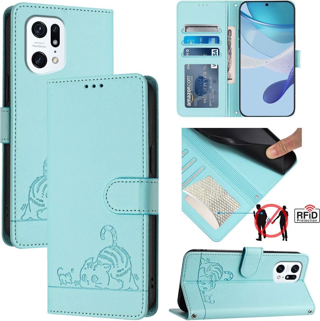 Leder Hülle für Oppo Find X5 Süße Katze Flip Case Brieftasche Schutzhülle mit Standfunktion hellgrün