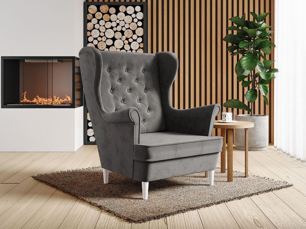 Sessel aus velours mit holzbeine Falco III, Ohrensessel mit Steppung, Knöpfe, Wellenfedern (Stoff: kronos 22 - grau, Beinefarbe: Weiß)