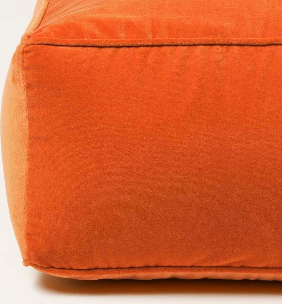 Pouf Carré En Velours Coton - 60x60x27 Cm, Orange, Garni Billes De Polystyrène