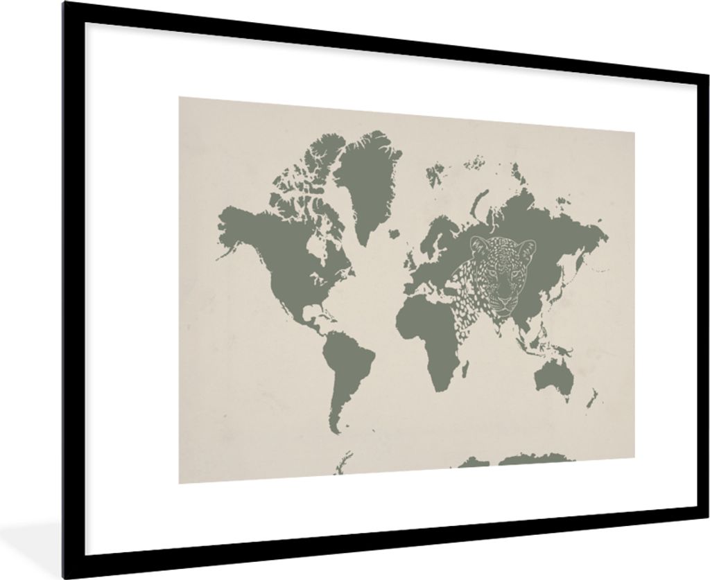 MuchoWow MuchoWow Gerahmtes Poster Weltkarte - Tiere - Panther 90x60 cm - Poster mit zchwarzem Bilderrahmen - Wanddekoration - Fotos